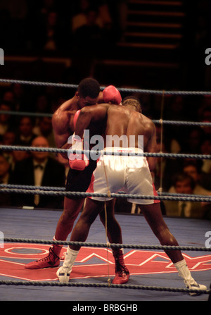 Two boxers exchange punches in ring Stock Photo