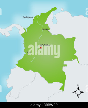 A stylized map of Colombia showing different cities and nearby countries. Stock Photo