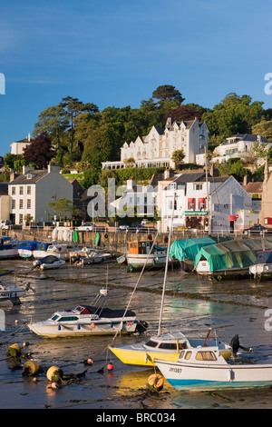 Boats and yachts moored at St. Aubins Harbour, Jersey, Channel Islands, UK Stock Photo