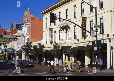 Stores on Fifth Avenue in the Gaslamp Quarter, San Diego, California, USA Stock Photo