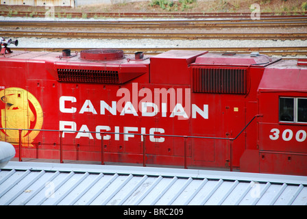 Canadian Pacific Rail logo on diesel locomotive in downtown Vancouver BC Canada Stock Photo