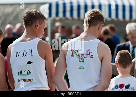 Cumbrian Wrestlers wearing traditional costumes at the Westmorland Show Stock Photo