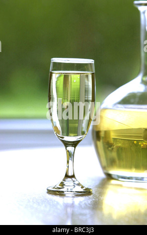 Alcoholic beverage, drink, fermented, social problems. GLASS OF WHITE WINE AND DECANTER Stock Photo