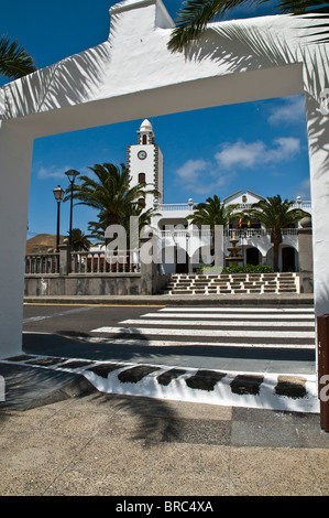 dh  SAN BARTOLOME LANZAROTE Clock tower white building and village plaza square Stock Photo