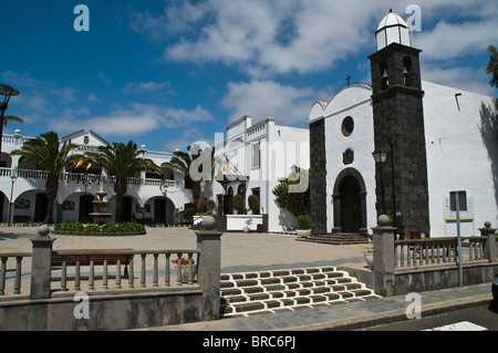 dh  SAN BARTOLOME LANZAROTE Church white building and black lava stone and village plaza square Stock Photo