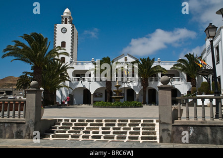 dh  SAN BARTOLOME LANZAROTE Clock tower white building and village plaza square Stock Photo
