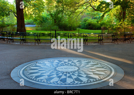 Early morning at the John Lennon 'Imagine' Memorial in Strawberry Fields inside Central Park, New York City USA Stock Photo