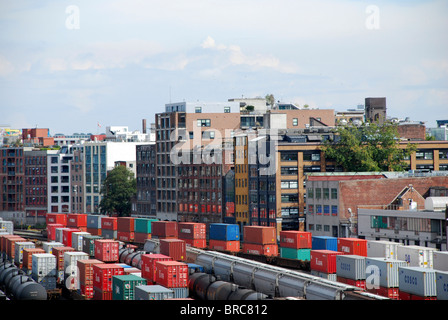 Freight cars in Canadian Pacific Rail yard in downtown Vancouver BC Canada Stock Photo
