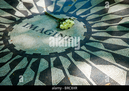 White roses placed on 'Imagine' - the John Lennon Memorial mosaic in Strawberry Fields inside Central Park, New York City USA Stock Photo