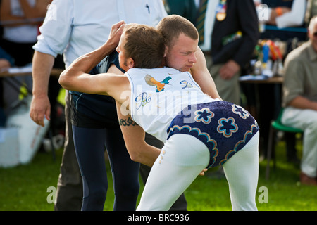 Cumbrian Wrestlers wearing traditional costumes at the Westmorland Show Stock Photo