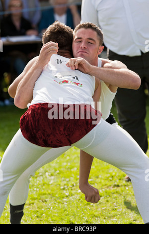 Cumbrian Wrestlers wearing traditional costumes at the Westmorland Show Stock Photo