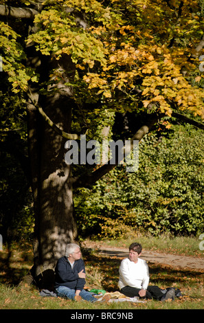 people relaxing in the country grounds of Pfaueninsel (Peacock Island) in autumn ,on the Havel river near the Berlin Wannsee.