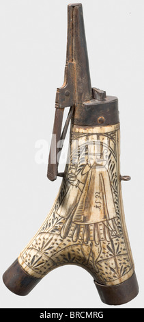 A German stag horn powder flask, dated 1532. Viewing side is engraved with a standing man in Renaissance garb, stylised grasses and the date '1532'. Natural-finish reverse. Iron, patinaed fittings with spring-loaded spout, reverse belt hooks and lateral suspension loops. Length 22 cm. A similarly engraved powder flask fragment is in the Army Museum Ingolstadt, In.-No. A 8467. historic, historical, 16th century, powder flask, accessory, accessories, military, militaria, object, objects, stills, utilities, utility, clipping, clippings, cut out, cut-out, cut-outs,, Stock Photo