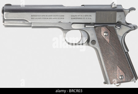 A Colt model 1911 automatic pistol, cal..45 ACP, no. 149917. 7-shot. Manufactured in 1917. Left on slide two-line inscription with rampant colt, on the right: 'MODEL OF 1911 U.S. ARMY', inspector's acceptance 'GHS'. Finish with slight wear marks on front slide and on back of grip. Dark walnut grip panels. Correct magazine. As new condition. Erwerbsscheinpflichtig. historic, historical, 1910s, 20th century, USA, United States of America, American, object, objects, stills, clipping, clippings, cut out, cut-out, cut-outs, handgun, handheld, firearm, fire arm, gun,, Stock Photo