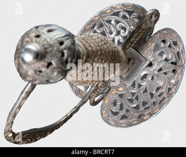 A fine French small-sword with chiselled hilt, circa 1770 Beautifully preserved tapering hollow triangular blade with etched and gilt decoration on a blued panel. Openwork iron knuckle-bow hilt cut with rocaille and trophy decoration in low relief. The outside of the double shell-guard partially gilt. Original (slightly incomplete) grip winding and Turk's heads of corded silver wire. Length 102.5 cm. historic, historical, 18th century, dress sword, swords, thrusting, thrustings, smallsword, epee de cour, weapon, arms, weapons, arms, military, militaria, object,, Stock Photo