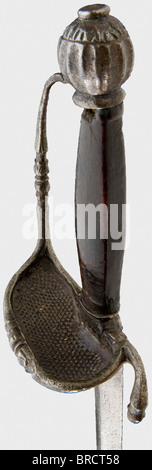 A small-sword with chiselled iron hilt, Flemish/French, circa 1670 Asymmetrical hollow-triangular blade (somewhat pitted). Reduced, chiselled knuckle-bow hilt with fine openwork guard (minimal damage). Wooden grip (cover missing). Length 85.5 cm. historic, historical,, 17th century, dress sword, swords, thrusting, thrustings, smallsword, epee de cour, weapon, arms, weapons, arms, military, militaria, object, objects, stills, clipping, clippings, cut out, cut-out, cut-outs, Stock Photo