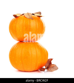 Two fresh pumpkins isolated on white with dry leaves Stock Photo