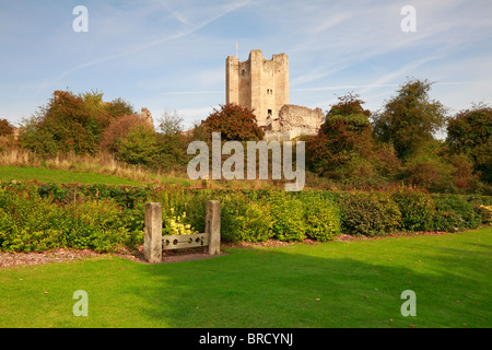 Stocks and Conisbrough Castle, Conisbrough near Doncaster, South Yorkshire, England, UK. Stock Photo