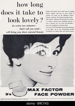 Black and white advert for Max Factor face powder in fashion magazine circa 1959 Stock Photo