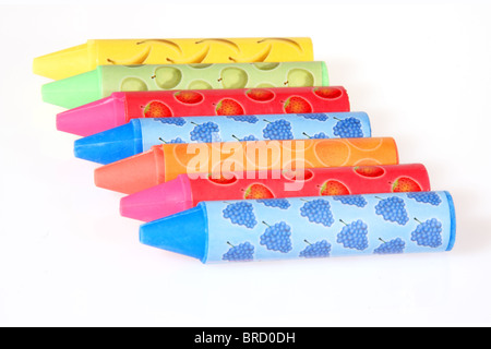 Colored and fruit scented rubber erasers isolated on white Stock Photo
