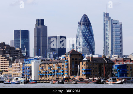 City of London Skyline and apartments at Wapping from the Thames Path at Bermondsey, London, England, Uk Stock Photo