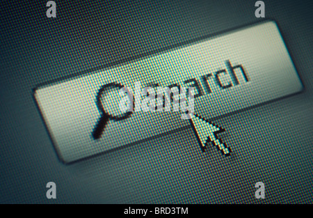 Close-up of a interface computer search button and an arrow mouse cursor Stock Photo