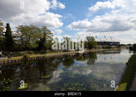 The 2012 London Olympic Stadium from the River Lee Navigation Canal. East London, UK. Stock Photo