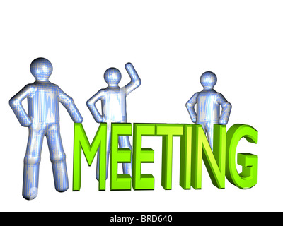 Several stylized person standing next to a lettering that forms the word meeting. Stock Photo