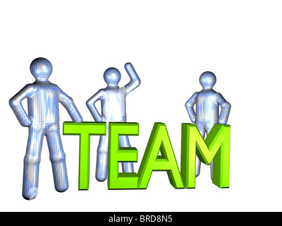 Several stylized persons standing next to a lettering that forms the word team. Stock Photo