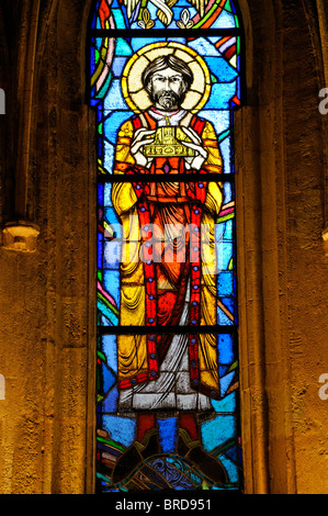 Gyor, W Transdanubia, Hungary. Gyor Cathedral. Stained glass window. Saint / King Stephen with crown Stock Photo