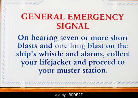 general emergency signal information for passengers on board ship according to Maritime Law. Stock Photo