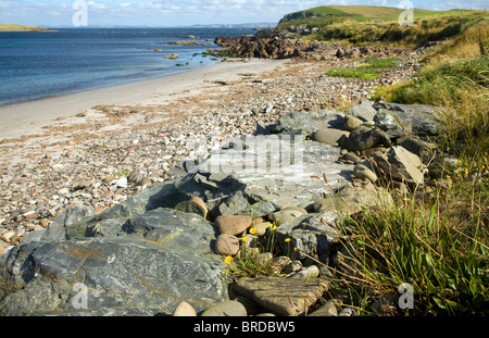 Rocks and sandy beach, Melby, near Sandness, Mainland, Shetland Islands, Scotland Stock Photo