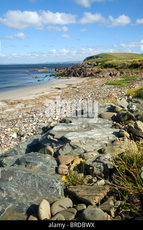 Rocks and sandy beach, Melby, near Sandness, Mainland, Shetland Islands, Scotland Stock Photo