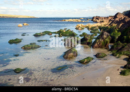 Rocks and sandy beach, Melby, near Sandness, Mainland, Shetland Islands, Scotland Stock Photo