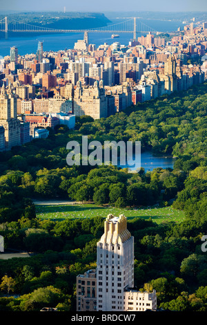 Central Park and buildings of the Upper West Side with the Hudson River and George Washington Br. Manhattan, New York City, USA Stock Photo