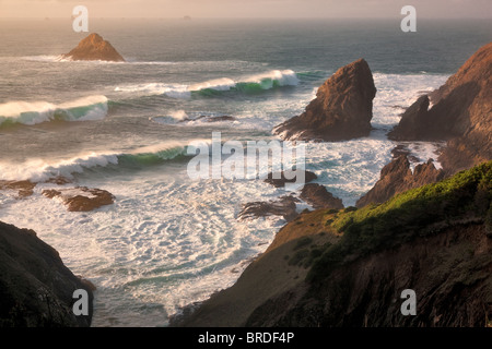 Sunset and waves at Port Orford Heads State Park, Oregon Stock Photo
