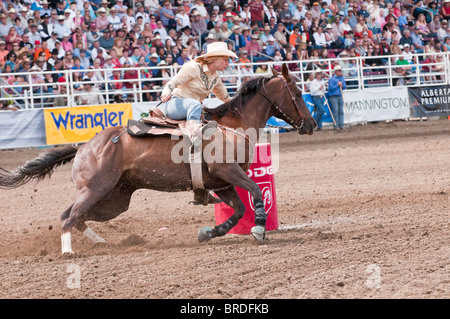 Cowgirl riding fast during barrel racing, Strathmore Heritage Days, Rodeo, Strathmore, Alberta, Canada Stock Photo