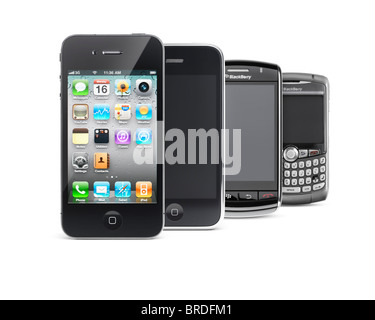 Four smartphones isolated on white background. Apple iPhone 4, iPhone 3G, Blackberry Storm and Blackberry Curve. Stock Photo