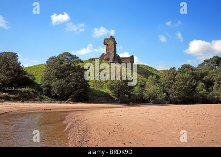 Lunan Water and the ruins of the Red Castle at Lunan Bay, Angus, Scotland, United Kingdom. Stock Photo