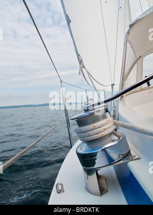 Sail yacht under sail, windlass in front. Stock Photo