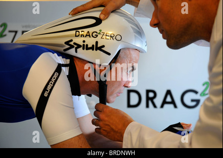 Aerodynamics expert Simon Smart uses a smoke test in a wind tunnel experiment for cycling clothing and racing bicycle design Stock Photo