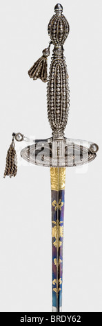 A splendid French steel small-sword, Paris, circa 1800 Triangular thrusting blade with finely preserved gilt etching against a blued background. Crowned fleur-de-lys coat-of-arms above the inscription 'POUSSET a PARIS' and 'Manufacture a Solingen EXT FIN' on the other side. Two decorative tassels attached to the hilt, which is profusely set with faceted steel beads in imitation of brilliants. Matching leather scabbard with fluted iron mountings and two suspension rings. Length 99 cm. Beautifully preserved sword. historic, historical, 19th century, dress sword, , Stock Photo