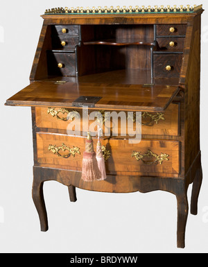 A secrétaire from one the closets, probably Gambs Workshop, Saint Petersburg, ca. 1840 Walnut veneer with beautiful grains. Hinged, lockable fall front writing surface with extractable rest, six small drawers and one open compartment on the inside. The two large, lockable drawers of the lower frame lined with red paper. The handles, escutcheons and mountings made of gilt bronze. Inventory label "ON Villa" of Grand Duchess Olga Nikolaevna on the back. With two matching keys. Dimensions 103 x 73 x 46 cm. Provenance: Grand Duchess Olga Nikolaevna Romanova (1822 - , Stock Photo