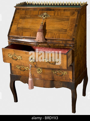 A secrétaire from one the closets, probably Gambs Workshop, Saint Petersburg, ca. 1840 Walnut veneer with beautiful grains. Hinged, lockable fall front writing surface with extractable rest, six small drawers and one open compartment on the inside. The two large, lockable drawers of the lower frame lined with red paper. The handles, escutcheons and mountings made of gilt bronze. Inventory label "ON Villa" of Grand Duchess Olga Nikolaevna on the back. With two matching keys. Dimensions 103 x 73 x 46 cm. Provenance: Grand Duchess Olga Nikolaevna Romanova (1822 - , Stock Photo