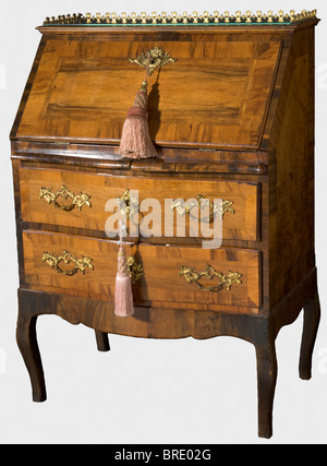 A secrétaire from one the closets, probably Gambs Workshop, Saint Petersburg, ca. 1840 Walnut veneer with beautiful grains. Hinged, lockable fall front writing surface with extractable rest, six small drawers and one open compartment on the inside. The two large, lockable drawers of the lower frame lined with red paper. The handles, escutcheons and mountings made of gilt bronze. Inventory label "ON Villa" of Grand Duchess Olga Nikolaevna on the back. With two matching keys. Dimensions 103 x 73 x 46 cm. Provenance: Grand Duchess Olga Nikolaevna Romanova (1822 - , Stock Photo
