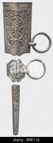 A set of French scabbard mountings, circa 1780 Iron mountings finely chiselled with rocaille and trophy designs. Inside width of the locket 31 mm. historic, historical, 18th century, dress sword, swords, thrusting, thrustings, smallsword, epee de cour, weapon, arms, weapons, arms, military, militaria, object, objects, stills, clipping, clippings, cut out, cut-out, cut-outs, Stock Photo