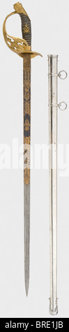 An infantry sword as first prize for outstanding marksmanship 1902, awarded to Lieutenant Thümmel of the Infantry Regiment von Goeben (2nd Rhenish) No. 28 Damascus wedge blade with double fullers on both sides bearing the corresponding gilded dedication or the cipher 'W II' respectively between floral decorations on a blued background (redone). Inscribed 'Eisenhauer' or 'Damaststahl' on each side of the ricasso respectively and 'Weyersberg, Kirschbaum & Cie Solingen' and a proof mark on the back. Gilded (redone) knuckle-bow hilt with laurel leaf decoration. The, Stock Photo