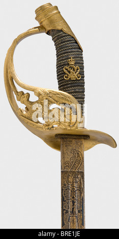 An infantry sword as first prize for outstanding marksmanship 1902, awarded to Lieutenant Thümmel of the Infantry Regiment von Goeben (2nd Rhenish) No. 28 Damascus wedge blade with double fullers on both sides bearing the corresponding gilded dedication or the cipher 'W II' respectively between floral decorations on a blued background (redone). Inscribed 'Eisenhauer' or 'Damaststahl' on each side of the ricasso respectively and 'Weyersberg, Kirschbaum & Cie Solingen' and a proof mark on the back. Gilded (redone) knuckle-bow hilt with laurel leaf decoration. The, Stock Photo