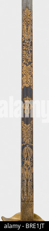 An infantry sword as first prize for outstanding marksmanship 1902, awarded to Lieutenant Thümmel of the Infantry Regiment von Goeben (2nd Rhenish) No. 28 Damascus wedge blade with double fullers on both sides bearing the corresponding gilded dedication or the cipher 'W II' respectively between floral decorations on a blued background (redone). Inscribed 'Eisenhauer' or 'Damaststahl' on each side of the ricasso respectively and 'Weyersberg, Kirschbaum & Cie Solingen' and a proof mark on the back. Gilded (redone) knuckle-bow hilt with laurel leaf decoration. The, Stock Photo