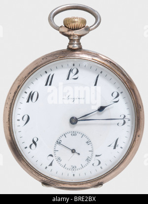 Kaiser Wilhelm II, a presentation watch for 25 years of service A silver pocket watch made by 'Longines' with rose gold-plated rims. White enamel dial with Arabic numerals, small second at the '6' position, and blued steel hands. The lid bears a 'W' cipher beneath an imperial crown and is engraved on the inside with: 'Für 25jährige treue Dienste dem Former August Müller - Kgl. Geschossfabrik in Spandau - 3.7.16'. (For 25 years loyal service, to the Moulder, August Müller - Royal Munitions Factory in Spandau - 3 July 1916). The outer lid bears a of the Kaiser in, Stock Photo